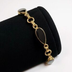 12k Gold Filled Onyx Bracelet Bezel Set Link 7in Safety Chain